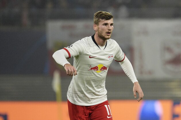 Leipzig's Timo Werner during the Champions League group G soccer match between RB Leipzig and Zenit St. Petersburg in Leipzig, Germany, Wednesday, Oct. 23, 2019. (AP Photo/Jens Meyer)