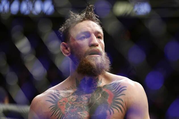 Conor McGregor reacts after losing to Khabib Nurmagomedov in a lightweight title mixed martial arts bout at UFC 229 in Las Vegas, Saturday, Oct. 6, 2018. Nurmagomedov won the fight by submission during the fourth round to retain the title. (AP Photo/John Locher)