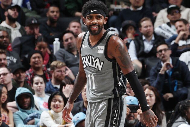 BROOKLYN, NY - NOVEMBER 4: Kyrie Irving #11 of the Brooklyn Nets looks on during the game against the New Orleans Pelicans on November 4, 2019 at Barclays Center in Brooklyn, New York. NOTE TO USER: User expressly acknowledges and agrees that, by downloading and or using this Photograph, user is consenting to the terms and conditions of the Getty Images License Agreement. Mandatory Copyright Notice: Copyright 2019 NBAE (Photo by Nathaniel S. Butler/NBAE via Getty Images)