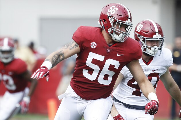 TUSCALOOSA, AL - APRIL 13: Antonio Alfano #56 of the Alabama Crimson Tide in action during the team's A-Day Spring Game at Bryant-Denny Stadium on April 13, 2019 in Tuscaloosa, Alabama. (Photo by Joe Robbins/Getty Images)