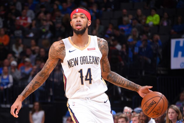 OKLAHOMA CITY, OK- NOVEMBER 2: Brandon Ingram #14 of the New Orleans Pelicans handles the ball against the Oklahoma City Thunder on November 2, 2019 at Chesapeake Energy Arena in Oklahoma City, Oklahoma. NOTE TO USER: User expressly acknowledges and agrees that, by downloading and or using this photograph, User is consenting to the terms and conditions of the Getty Images License Agreement. Mandatory Copyright Notice: Copyright 2019 NBAE (Photo by Bill Baptist/NBAE via Getty Images)