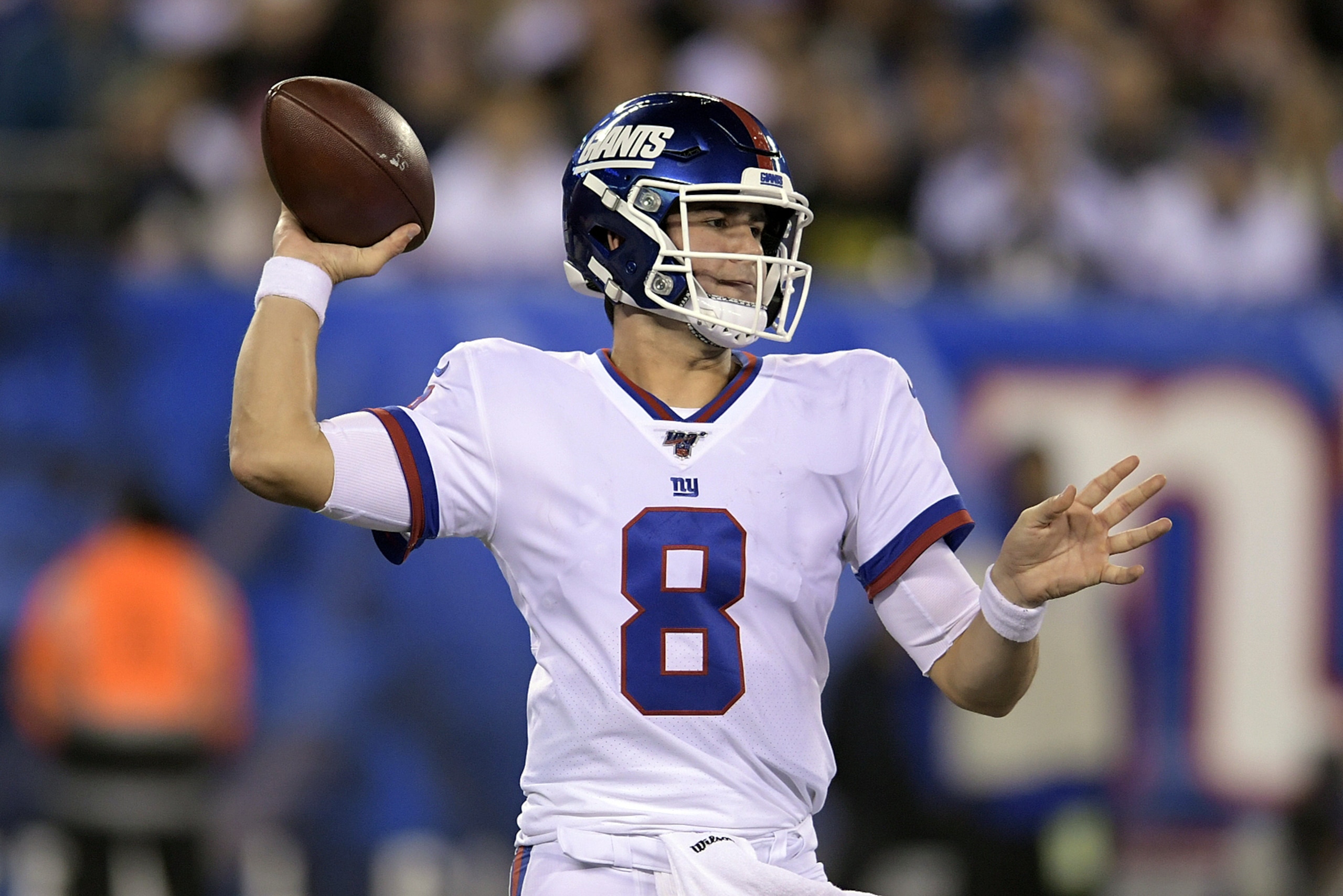 New York Giants quarterback Daniel Jones (8) passes against the Dallas Cowboys during the second quarter of an NFL football game, Monday, Nov. 4, 2019, in East Rutherford, N.J. (AP Photo/Bill Kostroun)