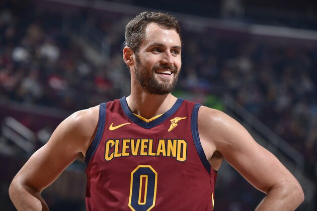 CLEVELAND, OH - NOVEMBER 3: Kevin Love #0 of the Cleveland Cavaliers smiles during a game against the Dallas Mavericks on November 3, 2019 at Quicken Loans Arena in Cleveland, Ohio. NOTE TO USER: User expressly acknowledges and agrees that, by downloading and/or using this Photograph, user is consenting to the terms and conditions of the Getty Images License Agreement. Mandatory Copyright Notice: Copyright 2019 NBAE (Photo by David Liam Kyle/NBAE via Getty Images)