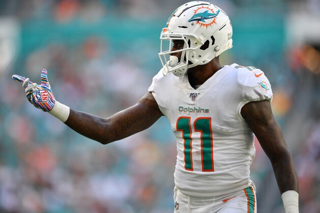 MIAMI, FLORIDA - OCTOBER 13: DeVante Parker #11 of the Miami Dolphins lines up against the Washington Redskins in the fourth quarter at Hard Rock Stadium on October 13, 2019 in Miami, Florida. (Photo by Mark Brown/Getty Images)