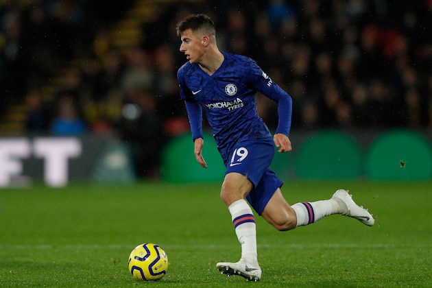 Chelsea's English midfielder Mason Mount during the English Premier League football match between Watford and Chelsea at Vicarage Road Stadium in Watford, north of London on November 2, 2019. (Photo by Adrian DENNIS / AFP) / RESTRICTED TO EDITORIAL USE. No use with unauthorized audio, video, data, fixture lists, club/league logos or 'live' services. Online in-match use limited to 120 images. An additional 40 images may be used in extra time. No video emulation. Social media in-match use limited to 120 images. An additional 40 images may be used in extra time. No use in betting publications, games or single club/league/player publications. /  (Photo by ADRIAN DENNIS/AFP via Getty Images)