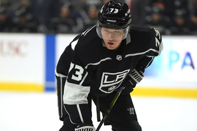 LOS ANGELES, CALIFORNIA - SEPTEMBER 23:  Tyler Toffoli #73 of the Los Angeles Kings lines up for a faceoff during a preseason game against the Anaheim Ducks at at Staples Center on September 23, 2019 in Los Angeles, California. (Photo by Harry How/Getty Images)