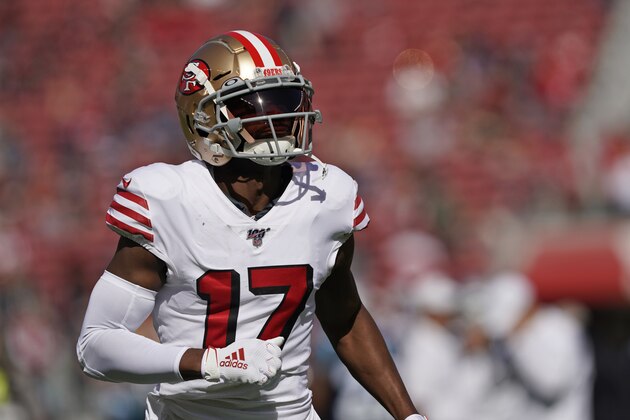 San Francisco 49ers wide receiver Emmanuel Sanders warms up before an NFL football game against the Carolina Panthers in Santa Clara, Calif., Sunday, Oct. 27, 2019. (AP Photo/Tony Avelar)