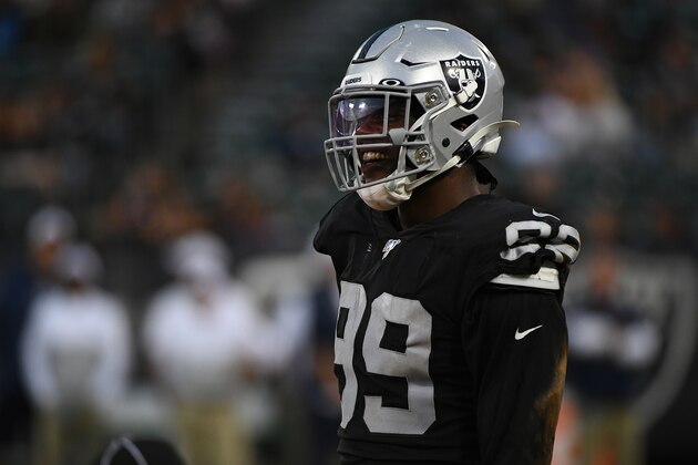 OAKLAND, CALIFORNIA - AUGUST 10: Arden Key #99 of the Oakland Raiders during their NFL preseason game at RingCentral Coliseum on August 10, 2019 in Oakland, California. (Photo by Robert Reiners/Getty Images)