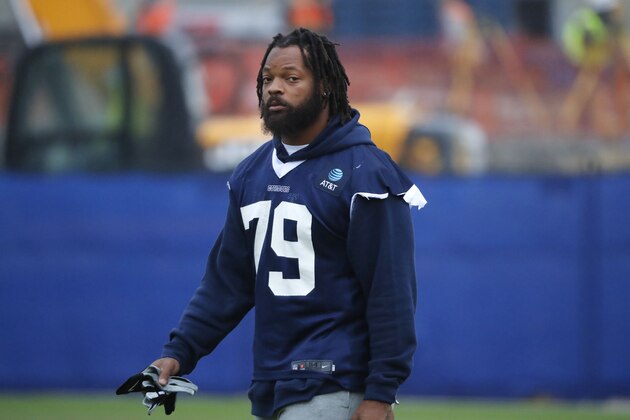 Dallas Cowboys defensive lineman Michael Bennett (79) walks onto the field for an NFL football team practice in Frisco, Texas, Tuesday, Oct. 29, 2019. The Cowboys acquired Bennett from the New England Patriots for a conditional late-round draft pick in 2021. (AP Photo/LM Otero)