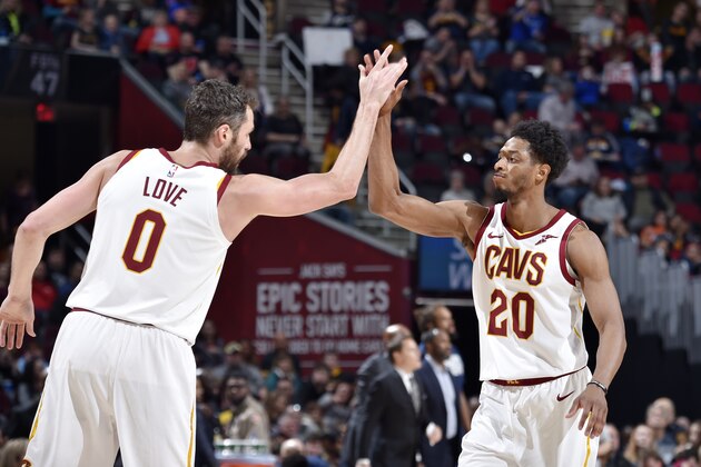 CLEVELAND, OH - FEBRUARY 23:  Kevin Love #0 and Brandon Knight #20 of the Cleveland Cavaliers high five during the game against the Memphis Grizzlies on February 23, 2019 at Quicken Loans Arena in Cleveland, Ohio. NOTE TO USER: User expressly acknowledges and agrees that, by downloading and/or using this Photograph, user is consenting to the terms and conditions of the Getty Images License Agreement. Mandatory Copyright Notice: Copyright 2019 NBAE (Photo by David Liam Kyle/NBAE via Getty Images)