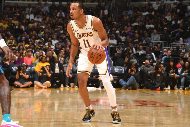 LOS ANGELES, CA - OCTOBER 27: Avery Bradley #11 of the Los Angeles Lakers handles the ball against the Charlotte Hornets on October 27, 2019 at STAPLES Center in Los Angeles, California. NOTE TO USER: User expressly acknowledges and agrees that, by downloading and/or using this Photograph, user is consenting to the terms and conditions of the Getty Images License Agreement. Mandatory Copyright Notice: Copyright 2019 NBAE (Photo by Andrew D. Bernstein/NBAE via Getty Images)