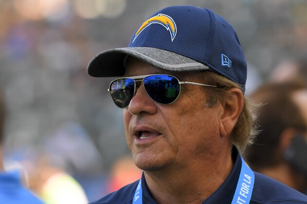 Los Angeles Chargers owner and chairman of the board Dean Spanos looks on before a preseason NFL football game against the Seattle Seahawks Sunday, Aug. 13, 2017, in Carson, Calif. (AP Photo/Mark J. Terrill)