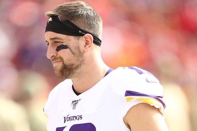KANSAS CITY, MISSOURI - NOVEMBER 03: Adam Thielen #19 of the Minnesota Vikings stands on the sideline during the first half against the Kansas City Chiefs at Arrowhead Stadium on November 03, 2019 in Kansas City, Missouri. (Photo by Jamie Squire/Getty Images)