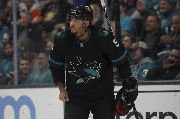 San Jose Sharks left wing Evander Kane (9) against the Buffalo Sabres during an NHL hockey game in San Jose, Calif., Saturday, Oct. 19, 2019. (AP Photo/Jeff Chiu)