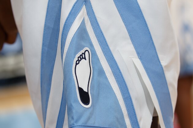 CHAPEL HILL, NC - FEBRUARY 05: A close-up of the Heel logo on the retro shorts before the North Carolina Tar Heels play against the North Carolina State Wolfpack on February 05, 2019 at the Dean Smith Center in Chapel Hill, North Carolina. North Carolina won 113-96. North Carolina wore retro uniforms to honor the 50th anniversary of the 1967-69 team. (Photo by Peyton Williams/UNC/Getty Images)