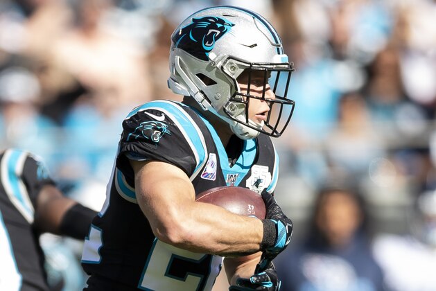 CHARLOTTE, NC - NOVEMBER 03: Christian McCaffrey #22 of the Carolina Panthers runs with the ball during a game between Tennessee Titans and Carolina Panthers at Bank of America Stadium on November 3, 2019 in Charlotte, North Carolina. (Photo by Steve Limentani/ISI Photos/Getty Images).