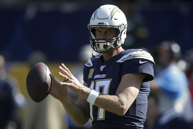 Los Angeles Chargers quarterback Philip Rivers warms up before an NFL football game against the Green Bay Packers Sunday, Nov. 3, 2019, in Carson, Calif. (AP Photo/Marcio Jose Sanchez)