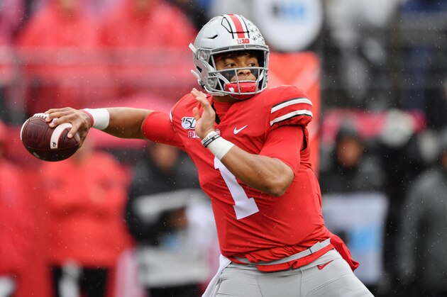 COLUMBUS, OH - OCTOBER 26:  Quarterback Justin Fields #1 of the Ohio State Buckeyes throws against the Wisconsin Badgers at Ohio Stadium on October 26, 2019 in Columbus, Ohio.  (Photo by Jamie Sabau/Getty Images)