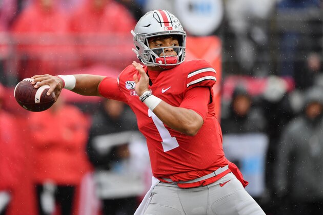 COLUMBUS, OH - OCTOBER 26:  Quarterback Justin Fields #1 of the Ohio State Buckeyes throws against the Wisconsin Badgers at Ohio Stadium on October 26, 2019 in Columbus, Ohio.  (Photo by Jamie Sabau/Getty Images)