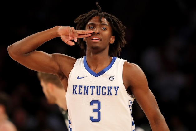 NEW YORK, NEW YORK - NOVEMBER 05: Tyrese Maxey #3 of the Kentucky Wildcats celebrates his three point shot in the first half against the Michigan State Spartans during the State Farm Champions Classic at Madison Square Garden on November 05, 2019 in New York City.Duke Blue Devils defeated the Kansas Jayhawks 68-66. (Photo by Elsa/Getty Images)