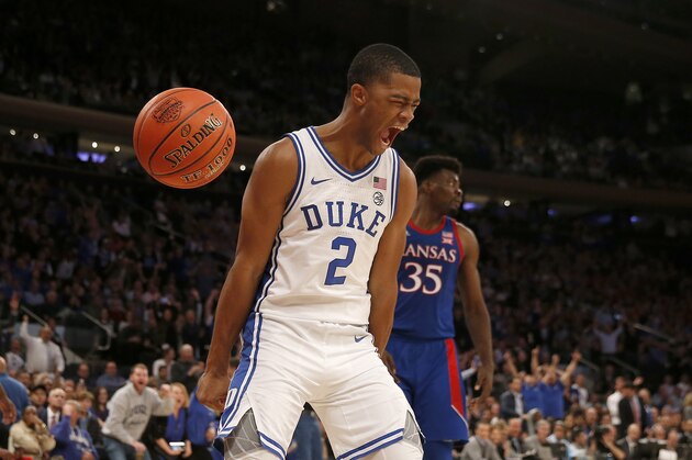 NEW YORK, NEW YORK - NOVEMBER 05: Cassius Stanley #2 of the Duke Blue Devils celebrates his dunk in the second half against the Kansas Jayhawks during the State Farm Champions Classic at Madison Square Garden on November 05, 2019 in New York City.Duke Blue Devils defeated the Kansas Jayhawks 68-66. (Photo by Elsa/Getty Images)