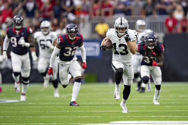 HOUSTON, TX - OCTOBER 27:  Hunter Renfrow #13 of the Oakland Raiders runs the ball for a touchdown during a game against the Houston Texans at NRG Stadium on October 27, 2019 in Houston, Texas.  The Texans defeated the Raiders 27-24.  (Photo by Wesley Hitt/Getty Images)