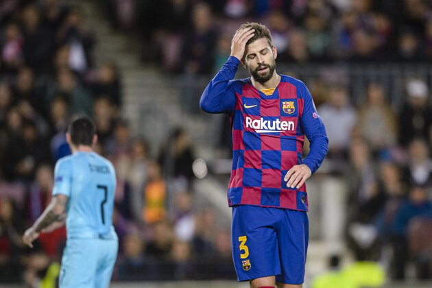 BARCELONA, SPAIN - NOVEMBER 05: Gerard Pique of FC Barcelona reacts during the UEFA Champions League group F match between FC Barcelona and Slavia Praha at Camp Nou on November 5, 2019 in Barcelona, Spain. (Photo by Claudio Chaves/Eurasia Sport Images/Getty Images)