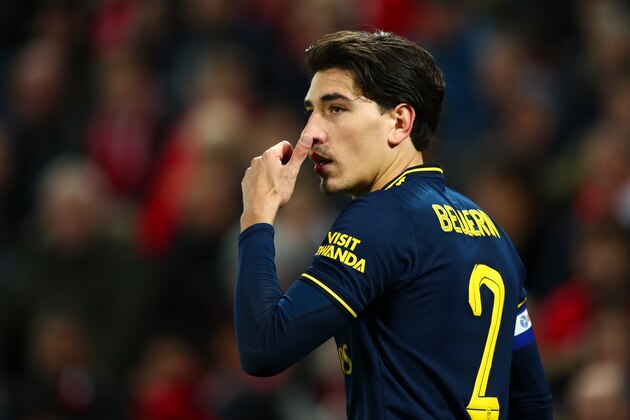 LIVERPOOL, ENGLAND - OCTOBER 30:  Hector Bellerin of Arsenal during the Carabao Cup Round of 16 match between Liverpool and Arsenal at Anfield on October 30, 2019 in Liverpool, England. (Photo by Robbie Jay Barratt - AMA/Getty Images)