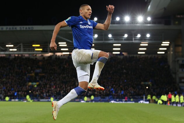 LIVERPOOL, ENGLAND - OCTOBER 29: Richarlison of Everton celebrates after scoring his team's second goal during the Carabao Cup Round of 16 match between Everton and Watford at Goodison Park on October 29, 2019 in Liverpool, England. (Photo by Jan Kruger/Getty Images)