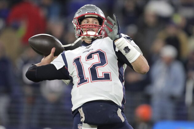 New England Patriots quarterback Tom Brady works out prior to an NFL football game against the Baltimore Ravens, Sunday, Nov. 3, 2019, in Baltimore. (AP Photo/Julio Cortez)