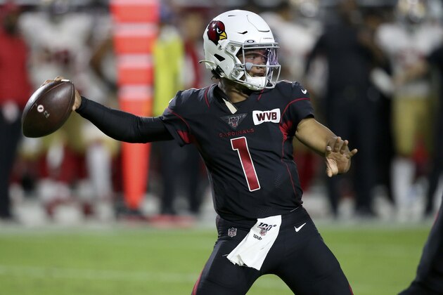 Arizona Cardinals quarterback Kyler Murray (1) throws against the San Francisco 49ers during the first half of an NFL football game, Thursday, Oct. 31, 2019, in Glendale, Ariz. (AP Photo/Ross D. Franklin)