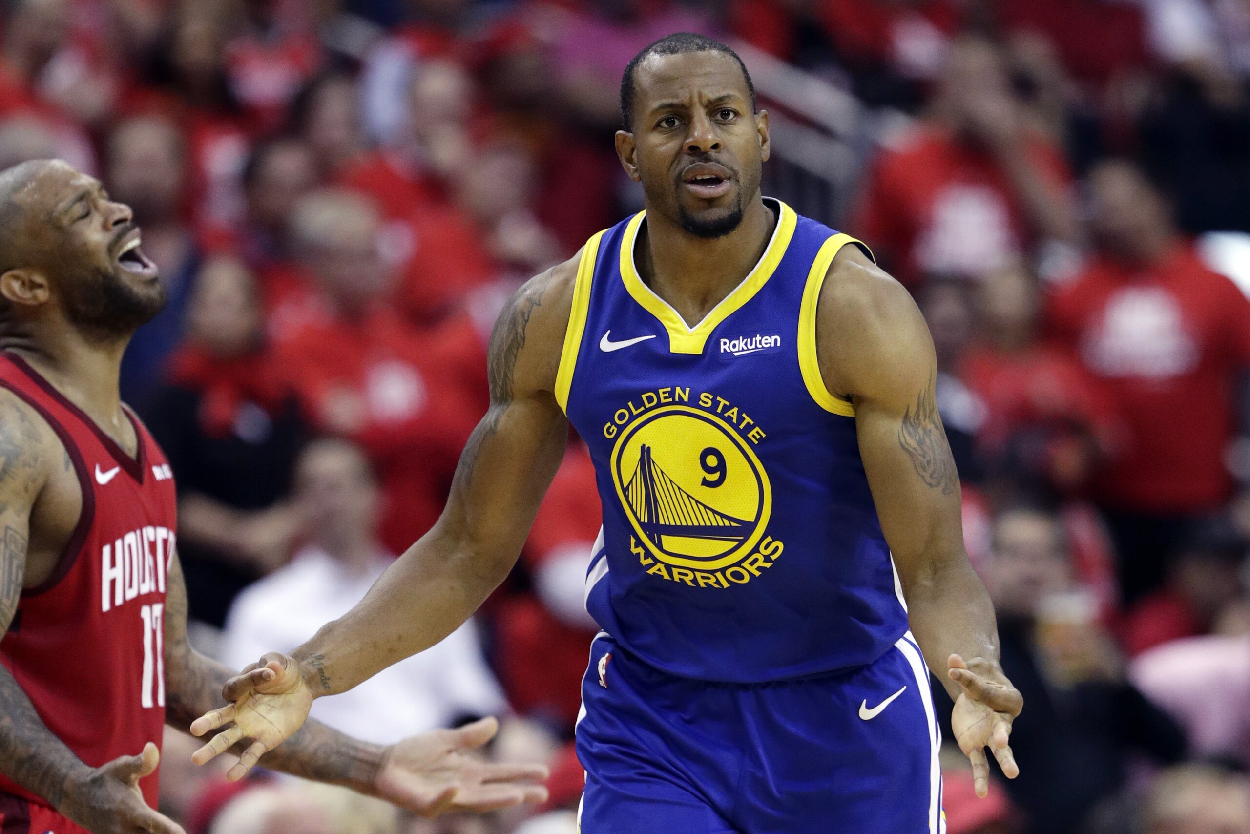 Golden State Warriors guard Andre Iguodala celebrates after a score against the Houston Rockets during the second half in Game 6 of a second-round NBA basketball playoff series Friday, May 10, 2019, in Houston. Golden State won 118-113, winning the series. (AP Photo/Eric Gay)