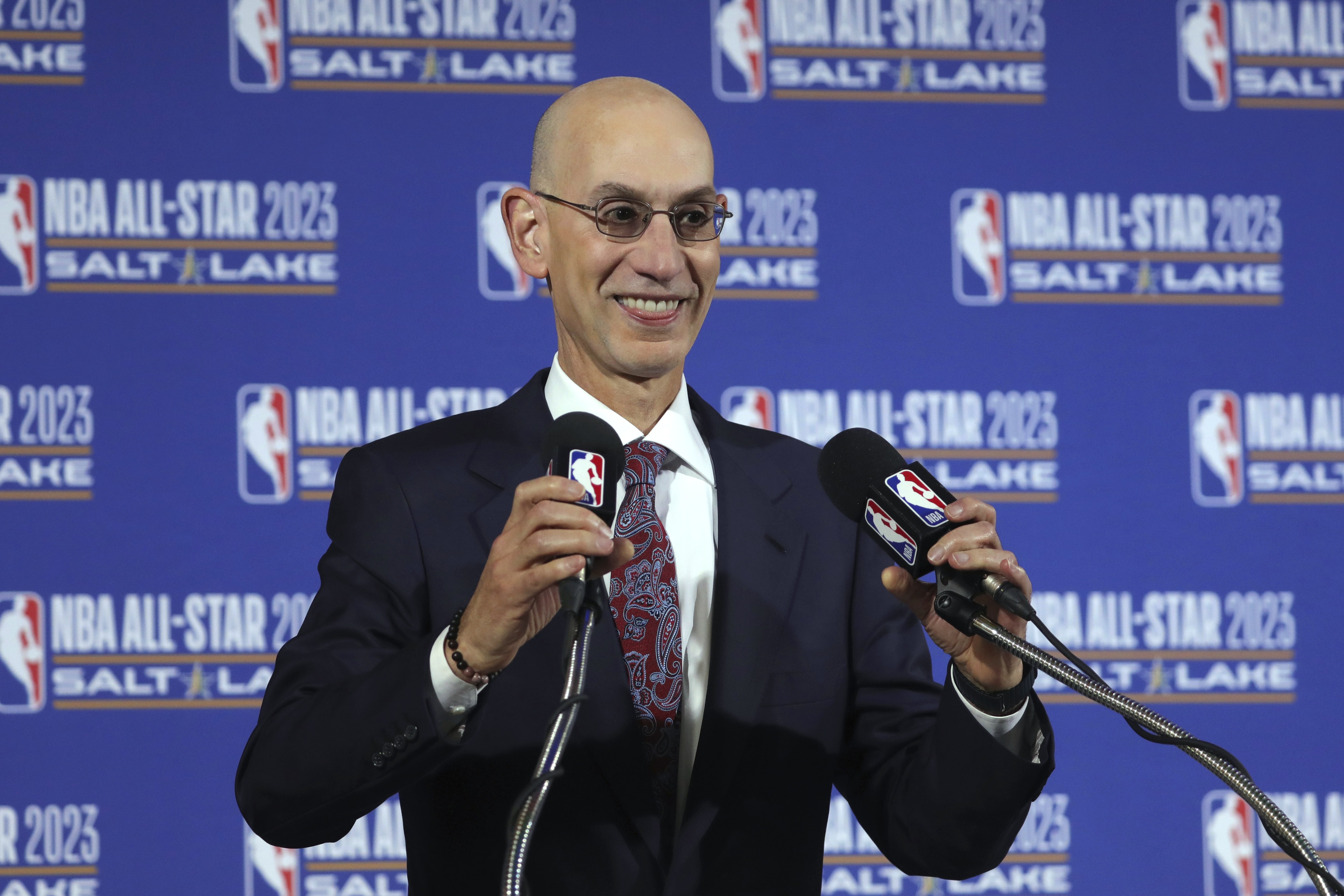 NBA Commissioner Adam Silver speaks during a news conference at Vivint Smart Home Arena, Wednesday, Oct. 23, 2019, in Salt Lake City. The NBA announced that Salt Lake City has been selected to host the NBA All-Star Game in 2023. (AP Photo/Rick Bowmer) NBA Commissioner Adam Silver speaks during a news conference at Vivint Smart Home Arena, Wednesday, Oct. 23, 2019, in Salt Lake City. The NBA announced that Salt Lake City has been selected to host the NBA All-Star Game in 2023. (AP Photo/Rick Bowmer)