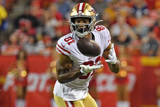 KANSAS CITY, MO - AUGUST 24: Wide receiver Jordan Matthews #81 of the San Francisco 49ers catches a pass during the second half of a pre-season game against the Kansas City Chiefs at Arrowhead Stadium on August 24, 2019 in Kansas City, Missouri. (Photo by Peter G. Aiken/Getty Images)