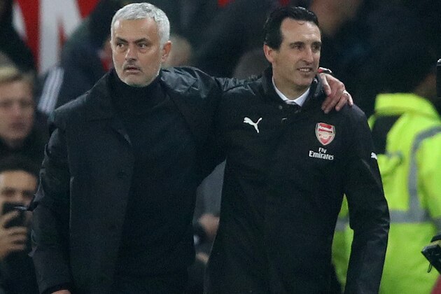 MANCHESTER, ENGLAND - DECEMBER 05:  Jose Mourinho, Manager of Manchester United and Unai Emery, Manager of Arsenal hug each other after the Premier League match between Manchester United and Arsenal FC at Old Trafford on December 5, 2018 in Manchester, United Kingdom.  (Photo by Clive Brunskill/Getty Images)