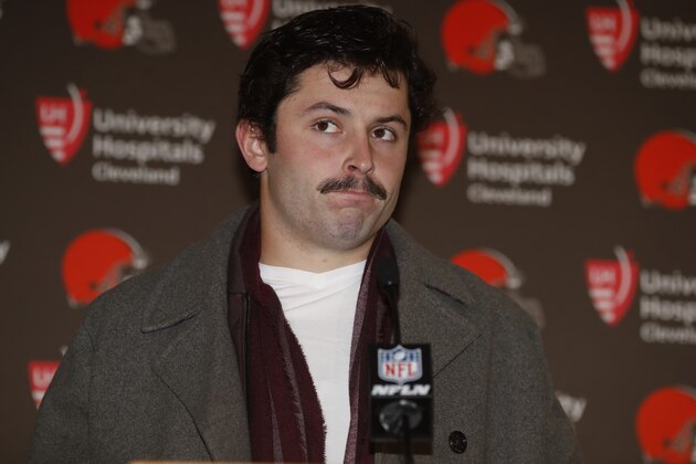 Cleveland Browns quarterback Baker Mayfield speaks after an NFL football game against the Denver Broncos, Sunday, Nov. 3, 2019, in Denver. The Broncos won 24-19. (AP Photo/David Zalubowski)