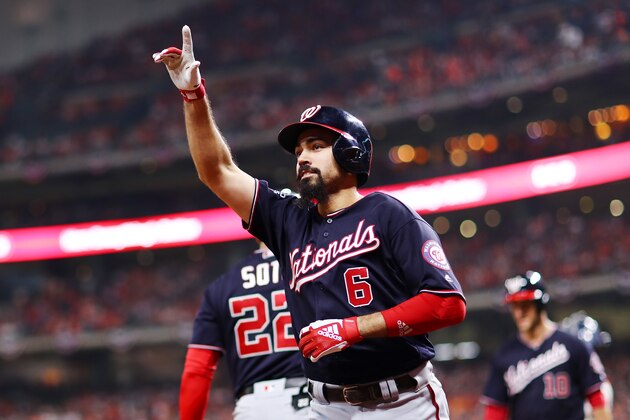 HOUSTON, TEXAS - OCTOBER 29:  Anthony Rendon #6 of the Washington Nationals celebrates his two-run home run against the Houston Astros during the seventh inning in Game Six of the 2019 World Series at Minute Maid Park on October 29, 2019 in Houston, Texas. (Photo by Mike Ehrmann/Getty Images)