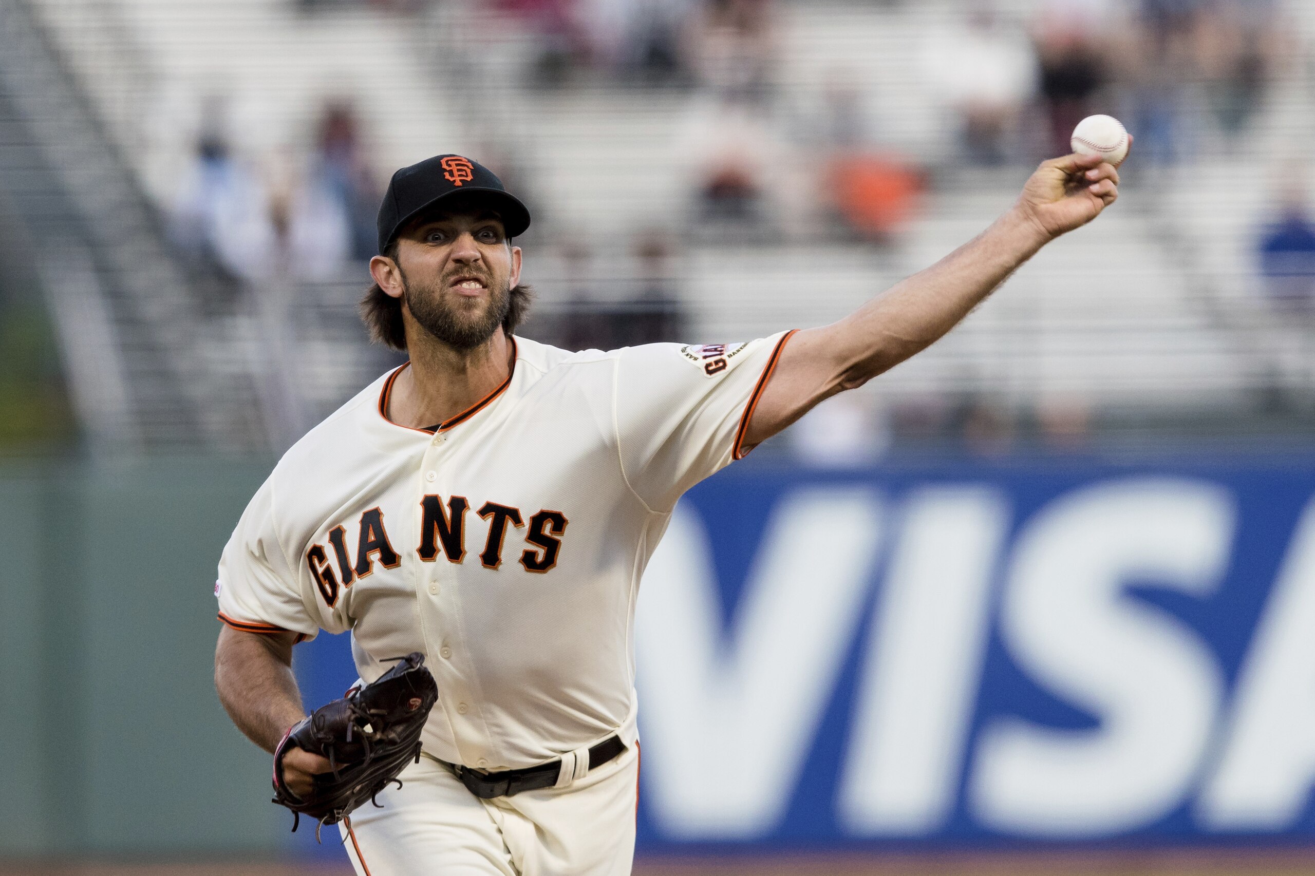 San Francisco Giants starting pitcher Madison Bumgarner throws against a Pittsburgh Pirates' batter in the first inning of a baseball game in San Francisco, Monday Sept. 9, 2019. (AP Photo/John Hefti) San Francisco Giants starting pitcher Madison Bumgarner throws against a Pittsburgh Pirates' batter in the first inning of a baseball game in San Francisco, Monday Sept. 9, 2019. (AP Photo/John Hefti)