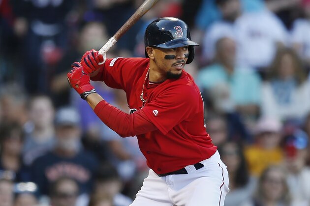 Boston Red Sox's Mookie Betts plays against the Baltimore Orioles during the fifth inning of a baseball game in Boston, Sunday, Sept. 29, 2019. (AP Photo/Michael Dwyer)