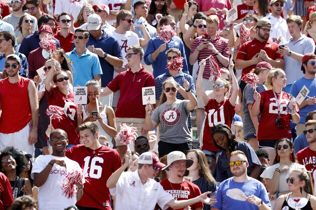 TUSCALOOSA, AL - SEPTEMBER 21: A section of Alabama Crimson Tide fans is seen during a game against the Southern Mississippi Golden Eagles at Bryant-Denny Stadium on September 21, 2019 in Tuscaloosa, Alabama. Alabama defeated Southern Miss 49-7. (Photo by Joe Robbins/Getty Images)