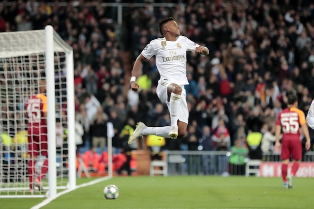 Real Madrid's Rodrygo celebrates after scoring his side's second goal during a Champions League group A soccer match between Real Madrid and Galatasaray at the Santiago Bernabeu stadium in Madrid, Wednesday, Nov. 6, 2019. (AP Photo/Bernat Armangue)