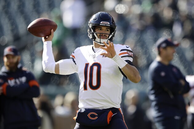 Chicago Bears' Mitchell Trubisky warms up before an NFL football game against the Philadelphia Eagles, Sunday, Nov. 3, 2019, in Philadelphia. (AP Photo/Matt Rourke)