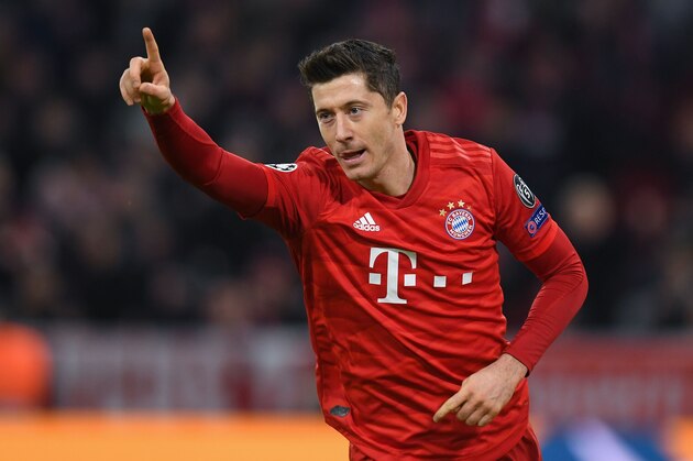 Bayern Munich's Polish forward Robert Lewandowski celebrates scoring the opening goal during the UEFA Champions League Group B football match FC Bayern Munich v Olympiakos in Munich, southern Germany, on November 6, 2019. (Photo by Christof STACHE / AFP) (Photo by CHRISTOF STACHE/AFP via Getty Images)