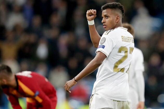 MADRID, SPAIN - NOVEMBER 6: Rodrygo of Real Madrid celebrates goal during the UEFA Champions League  match between Real Madrid v Galatasaray at the Santiago Bernabeu on November 6, 2019 in Madrid Spain (Photo by David S. Bustamante/Soccrates/Getty Images)