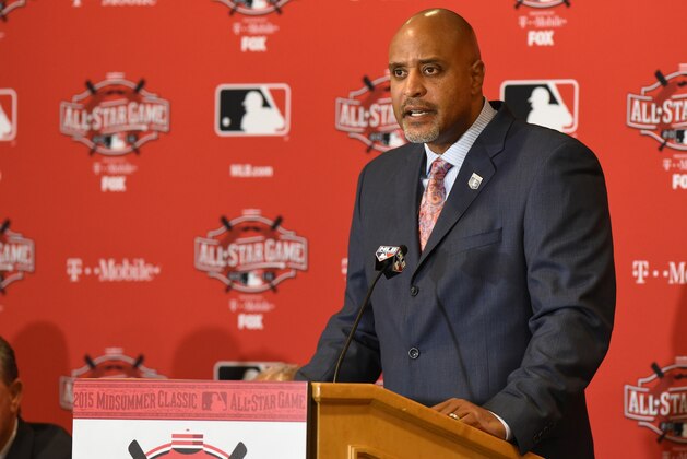 CINCINNATI, OH - JULY 13:  Executive Director of  the Major League Baseball Players Association Tony Clark talks to reporters during the MLB All Star Media Availability Day at the Westin Cincinnati Hotel on July 13, 2015 in Cincinnati, Ohio.  (Photo by Mark Cunningham/MLB Photos via Getty Images)