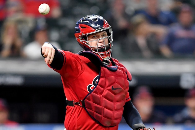 CLEVELAND, OHIO - SEPTEMBER 19: Catcher Roberto Perez #55 of the Cleveland Indians throws to first after Jeimer Candelario #46 of the Detroit Tigers struck out swinging to end the top of the eighth inning at Progressive Field on September 19, 2019 in Cleveland, Ohio. (Photo by Jason Miller/Getty Images)