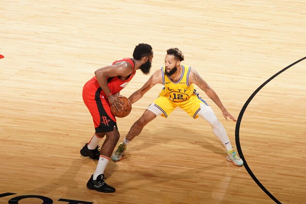 SAN ANTONIO, TX - NOVEMBER 6: James Harden #13 of the Houston Rockets handles the ball against Ky Bowman #12 of the Golden State Warriors on November 6, 2019 at the Toyota Center in San Antonio, Texas. NOTE TO USER: User expressly acknowledges and agrees that, by downloading and or using this photograph, User is consenting to the terms and conditions of the Getty Images License Agreement. Mandatory Copyright Notice: Copyright 2019 NBAE (Photo by Cato Cataldo/NBAE via Getty Images)