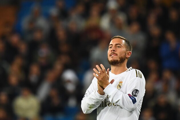 Real Madrid's Belgian forward Eden Hazard applauds during the UEFA Champions League Group A football match between Real Madrid and Galatasaray at the Santiago Bernabeu stadium in Madrid, on November 6, 2019. (Photo by GABRIEL BOUYS / AFP) (Photo by GABRIEL BOUYS/AFP via Getty Images)