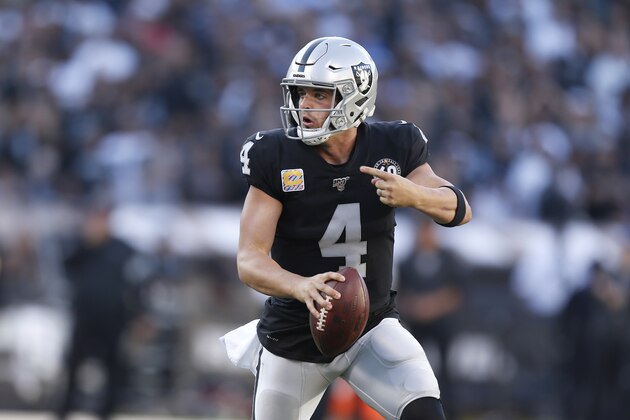 Oakland Raiders quarterback Derek Carr (4) scrambles against the Detroit Lions during the second half of an NFL football game in Oakland, Calif., Sunday, Nov. 3, 2019. (AP Photo/D. Ross Cameron)