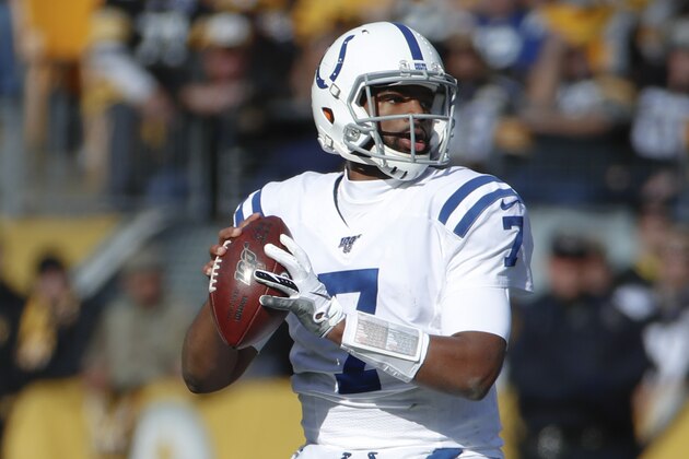 Indianapolis Colts quarterback Jacoby Brissett (7) passes against the Pittsburgh Steelers in the first half of an NFL football game , Sunday, Nov. 3, 2019, in Pittsburgh. (AP Photo/Gene J. Puskar)